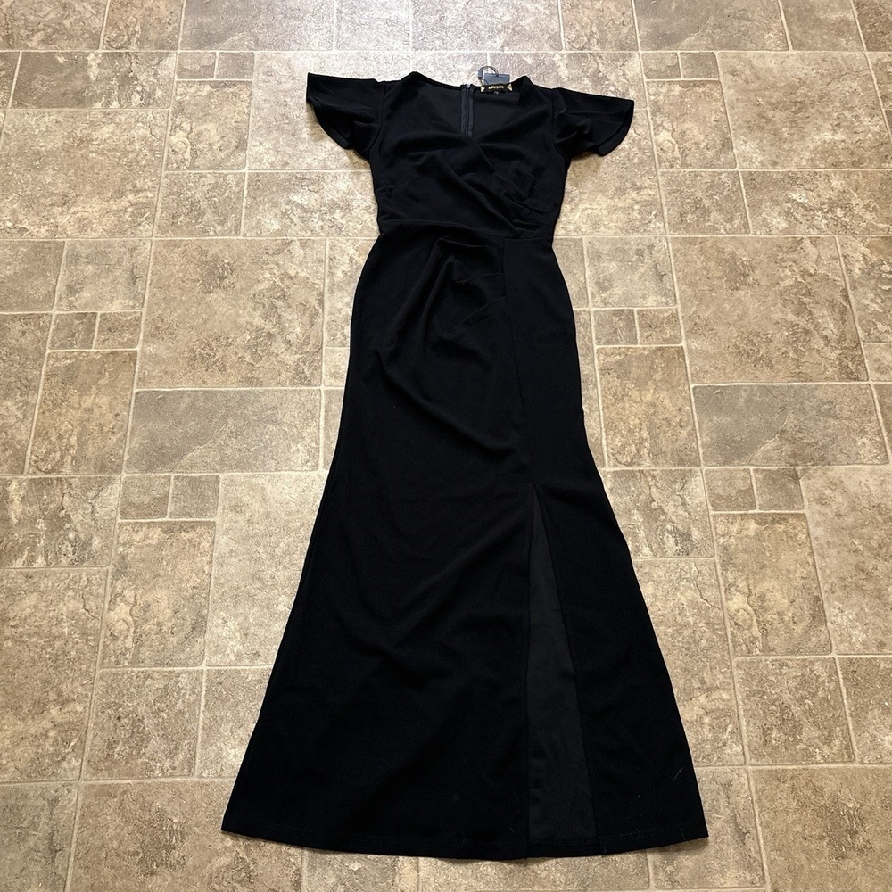 NWT Miusol Formal Evening Gown S Black Flutter-Sleeve Vintage-Style Pinup Slit